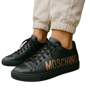 Moschino Logo Leather Sneaker Black Women's 8 Leather Low Top Italy 38